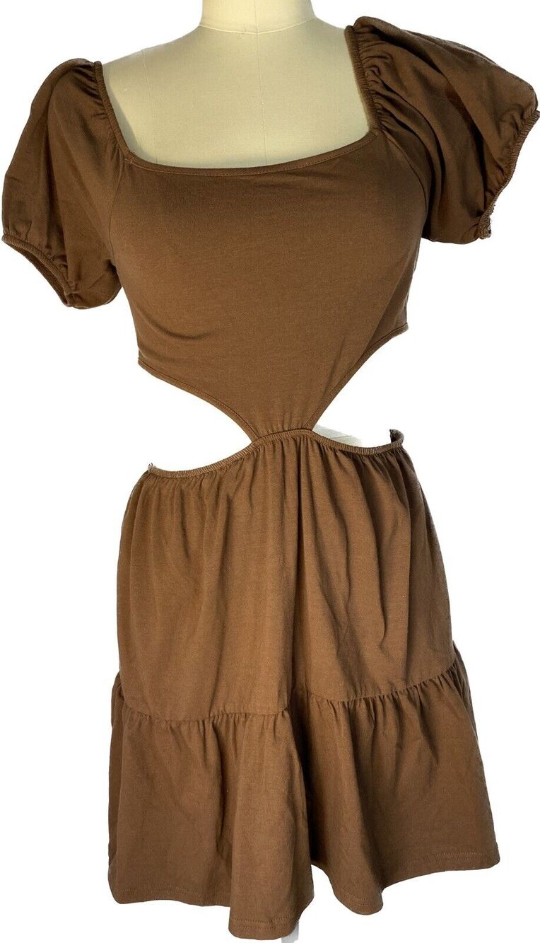 New Brown Ruffle Cotton Peasant Dress Short Sleeve Cutout Rue21 Women Juniors XL